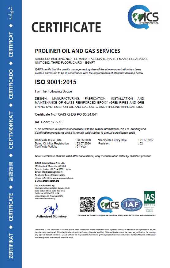 PROLINER OIL 9001 Proliner GRE Lining SystemISO ISO 9001: 2015 Certification